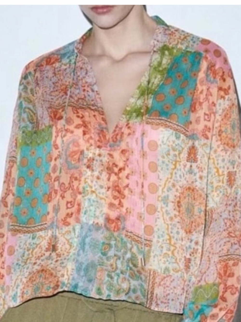 ZARA Sheer Patchwork Women’s Multicolor Shimmer Boho Blouse Sz L - Picture 10 of 11